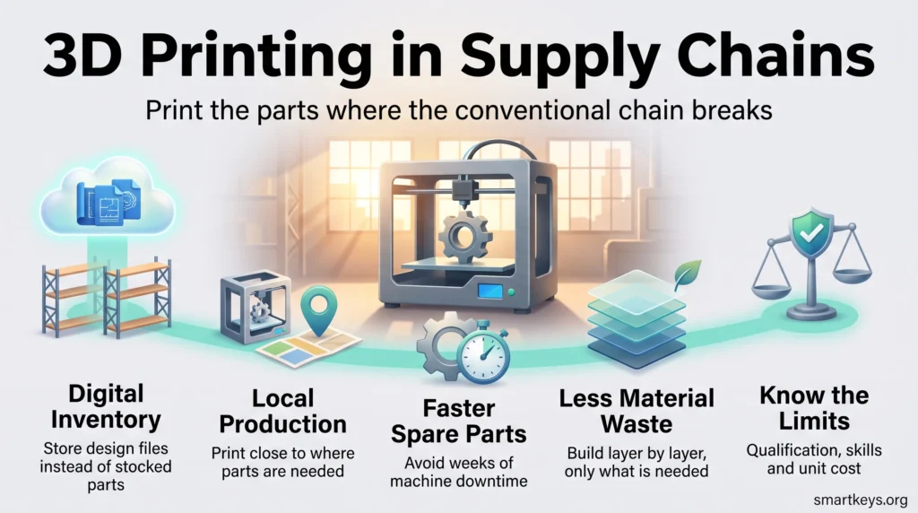 Infographic on 3D printing in supply chains: digital inventory, local production, faster spare parts, less material waste and the limits.