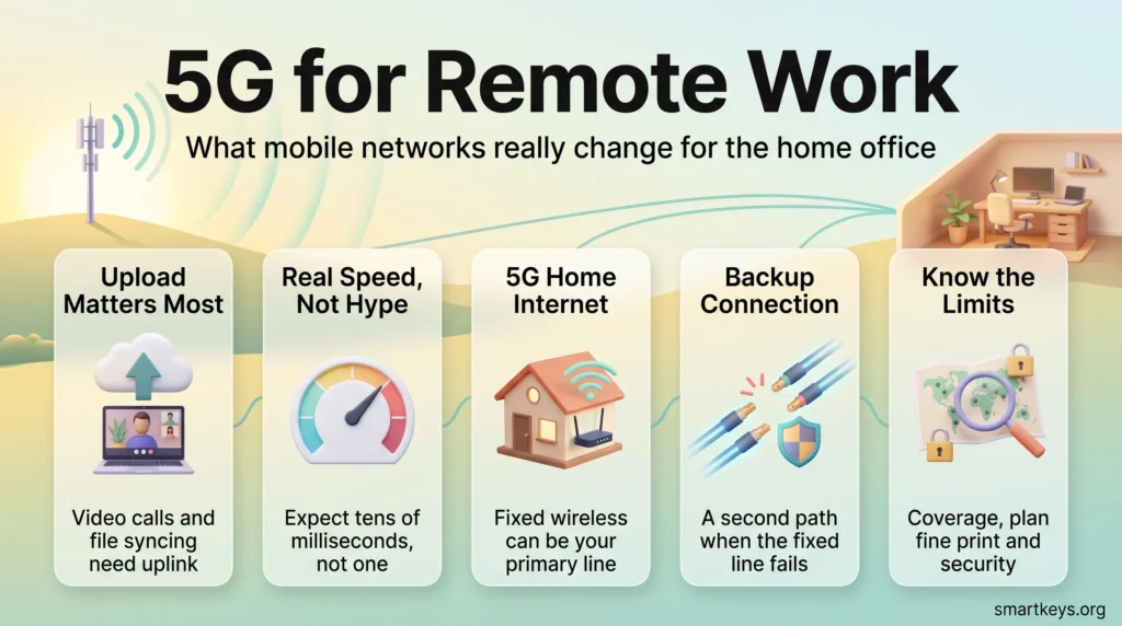Infographic on 5G for remote work: upload capacity, real-world latency, 5G home internet, a backup connection and the limits of coverage and security.