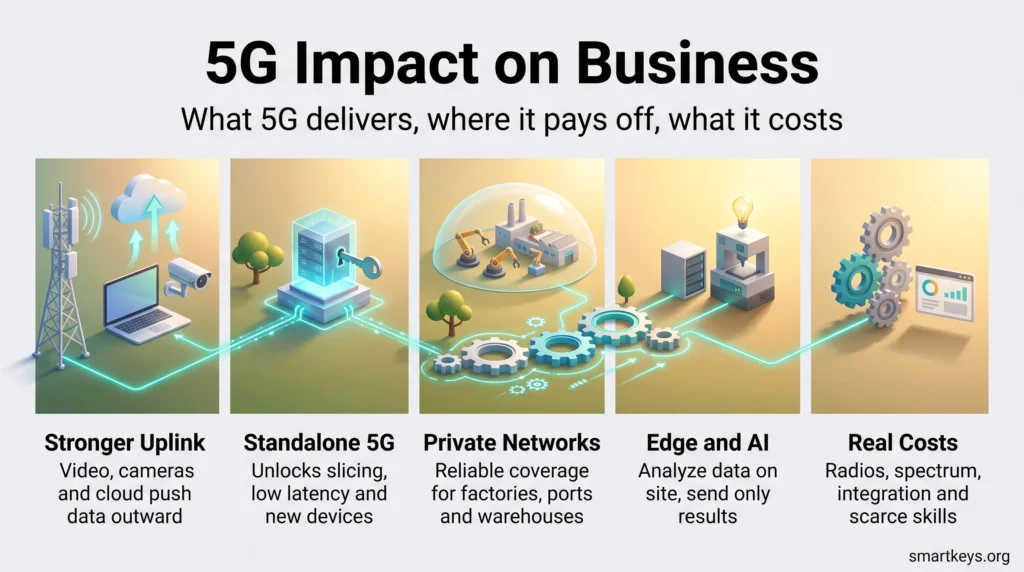 Infographic on the 5G impact on business: stronger uplink, standalone 5G, private networks, edge and AI, and the real costs of deployment.