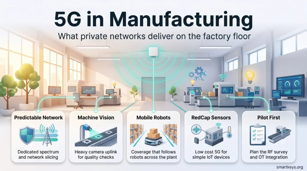 Infographic on 5G in manufacturing: private 5G networks enabling predictable connectivity, machine vision, mobile robots, RedCap sensors and careful pilots.
