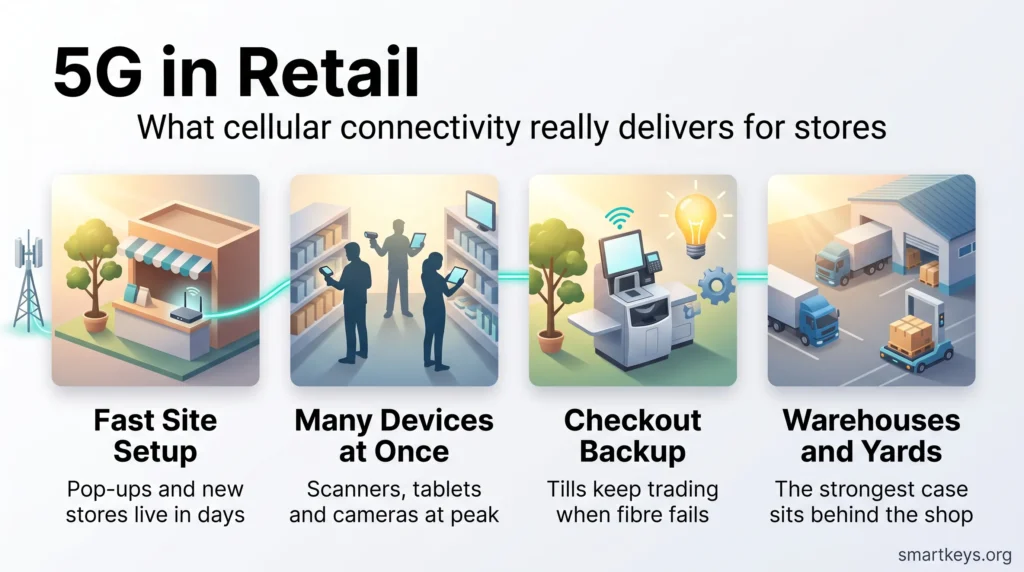 Infographic on 5G in retail: fast setup for pop-up stores, many connected devices at once, checkout backup when fibre fails, and warehouses and yards.