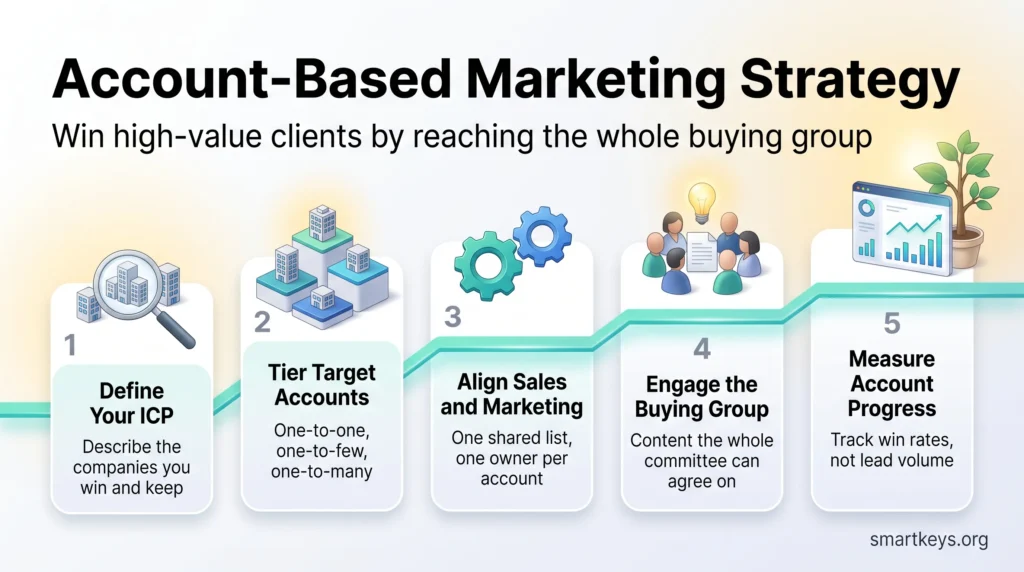 Account-based marketing strategy infographic showing five steps: define your ICP, tier target accounts, align sales and marketing, engage the buying group, measure progress.