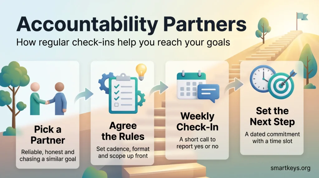 Infographic on accountability partners: pick a reliable partner, agree the rules, hold a weekly check-in and set a dated next step.