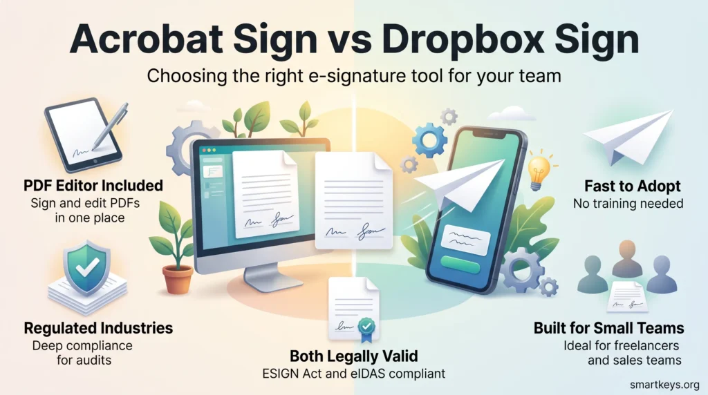 Infographic comparing Adobe Sign vs HelloSign, now Acrobat Sign and Dropbox Sign, on PDF editing, compliance, ease of adoption and team size.