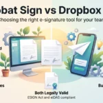 Infographic comparing Adobe Sign vs HelloSign, now Acrobat Sign and Dropbox Sign, on PDF editing, compliance, ease of adoption and team size.