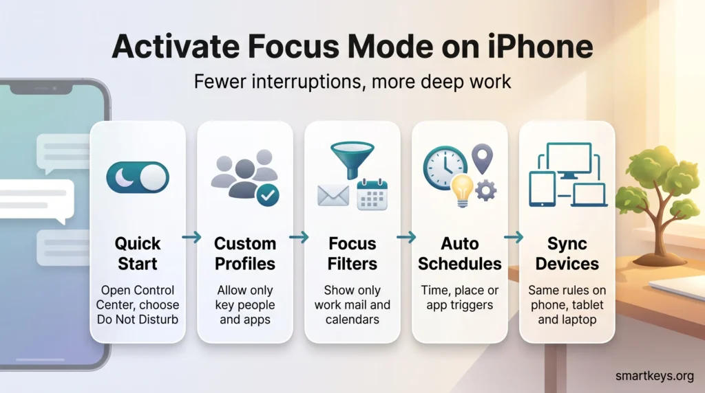 Infographic showing five steps to activate Focus mode on iPhone: quick start, custom profiles, focus filters, auto schedules and device sync.
