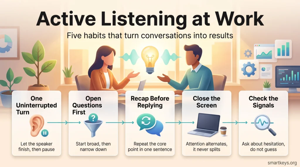 Active listening infographic showing five habits at work: one uninterrupted turn, open questions first, recap before replying, close the screen and check the signals.