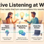 Active listening infographic showing five habits at work: one uninterrupted turn, open questions first, recap before replying, close the screen and check the signals.