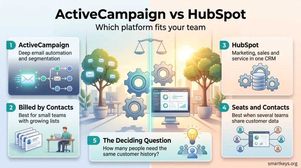 ActiveCampaign vs HubSpot infographic comparing email automation billed by contacts with a shared CRM billed by seats and contacts.