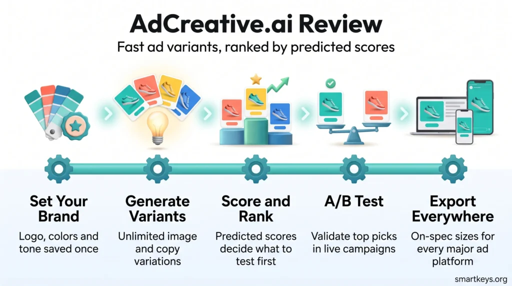 AdCreative.ai review infographic showing five steps from brand setup and ad variant generation to predicted scoring, A/B testing and multi-platform export.