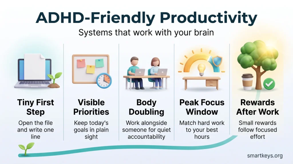 Infographic on ADHD-friendly productivity: tiny first steps, visible priorities, body doubling, a protected peak focus window and rewards after focused work.