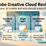 Adobe Creative Cloud review infographic comparing Pro, Standard and single app plans, early cancellation fees and free alternatives