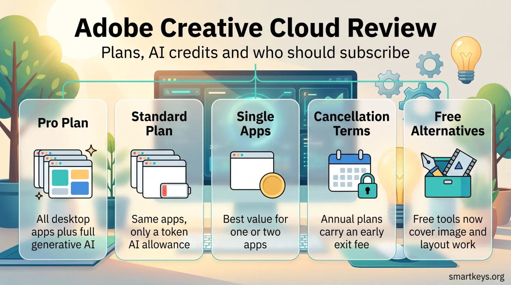 Adobe Creative Cloud review infographic comparing Pro, Standard and single app plans, early cancellation fees and free alternatives