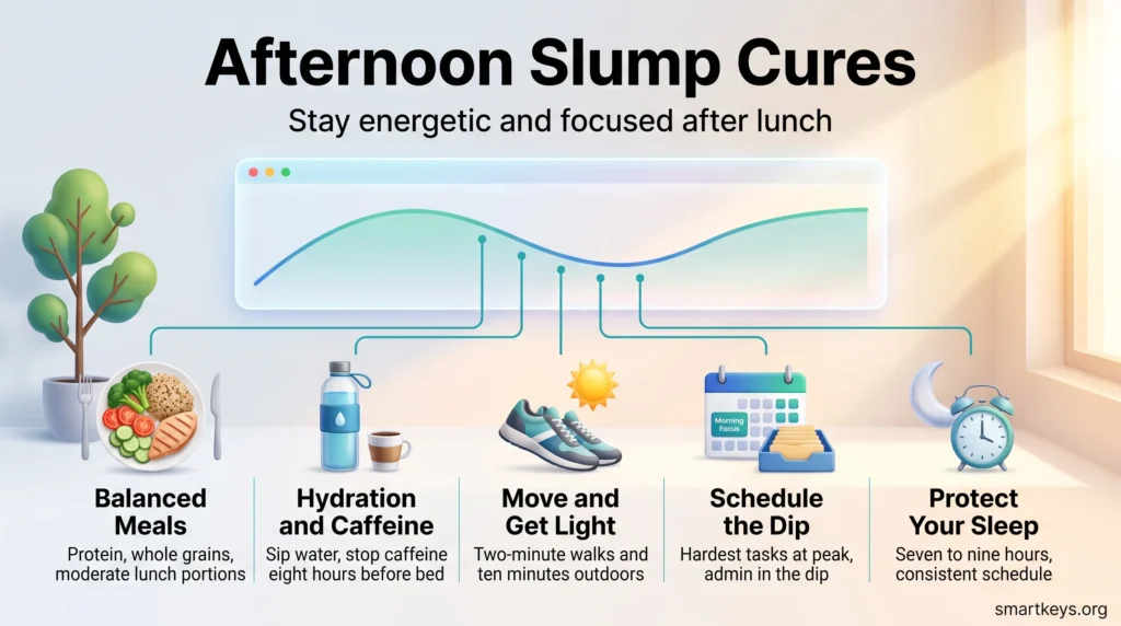 Infographic on afternoon slump cures: an energy curve dipping after lunch, lifted by balanced meals, hydration, movement, daylight, smart scheduling and sleep.