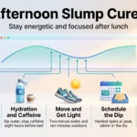 Infographic on afternoon slump cures: an energy curve dipping after lunch, lifted by balanced meals, hydration, movement, daylight, smart scheduling and sleep.