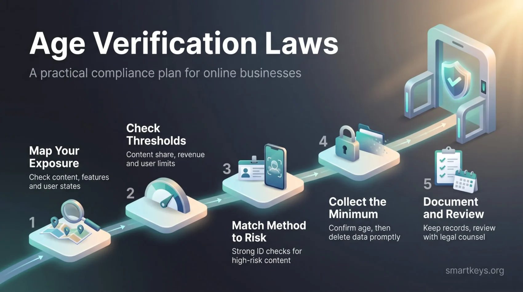 Infographic showing five age verification compliance steps for online businesses, from mapping exposure to reviews.
