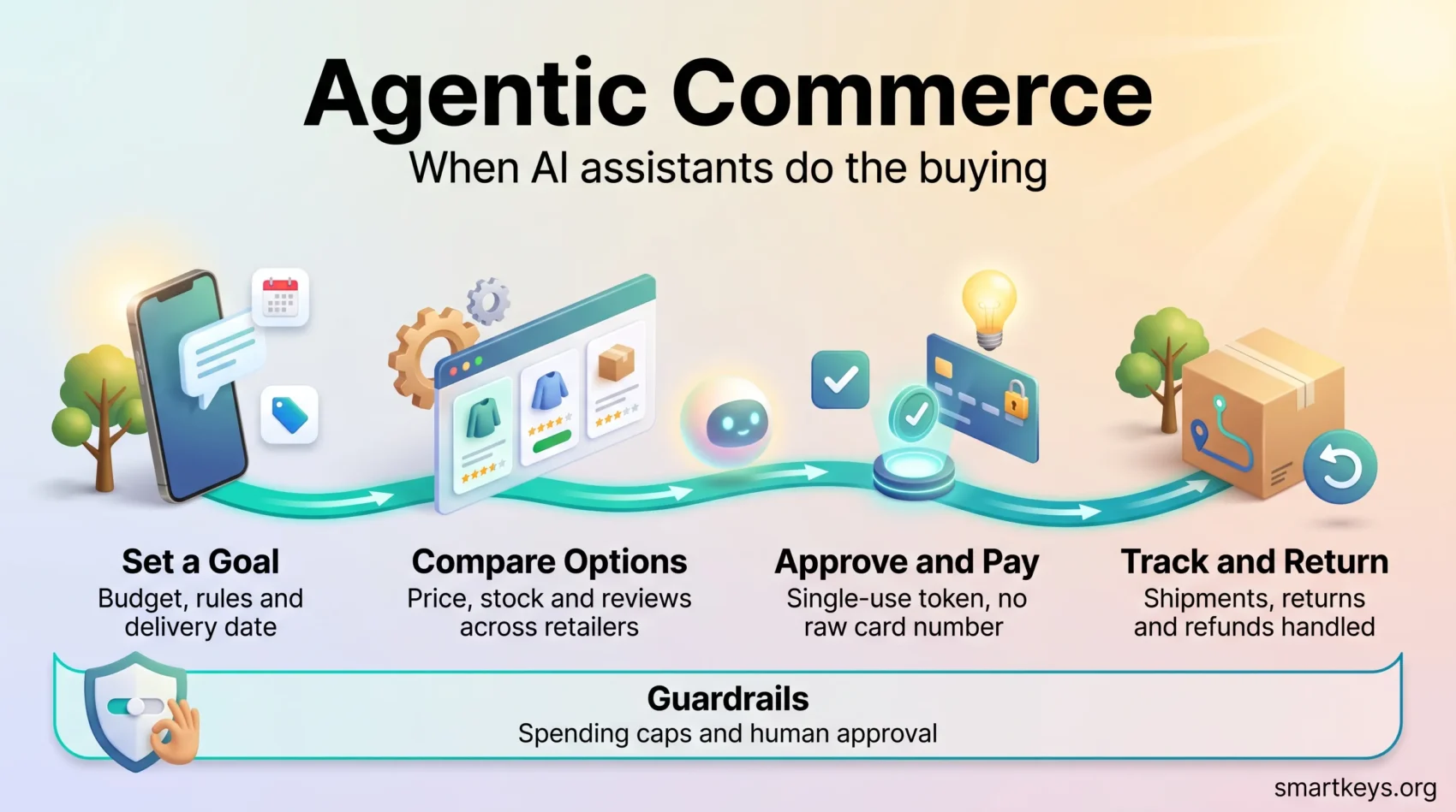 Agentic commerce infographic showing how an AI shopping assistant turns a goal into an approved purchase, from comparing options to returns, within guardrails