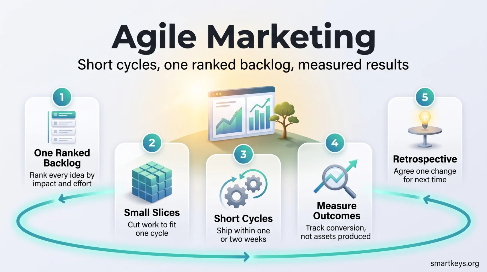 Agile marketing infographic showing a five step loop: one ranked backlog, small slices, short cycles, measuring outcomes and a retrospective.