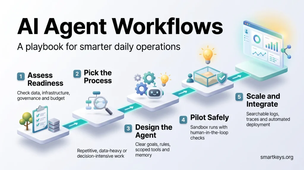 Infographic of AI agent workflows as a five-step playbook: assess readiness, pick the process, design the agent, pilot safely, then scale and integrate.
