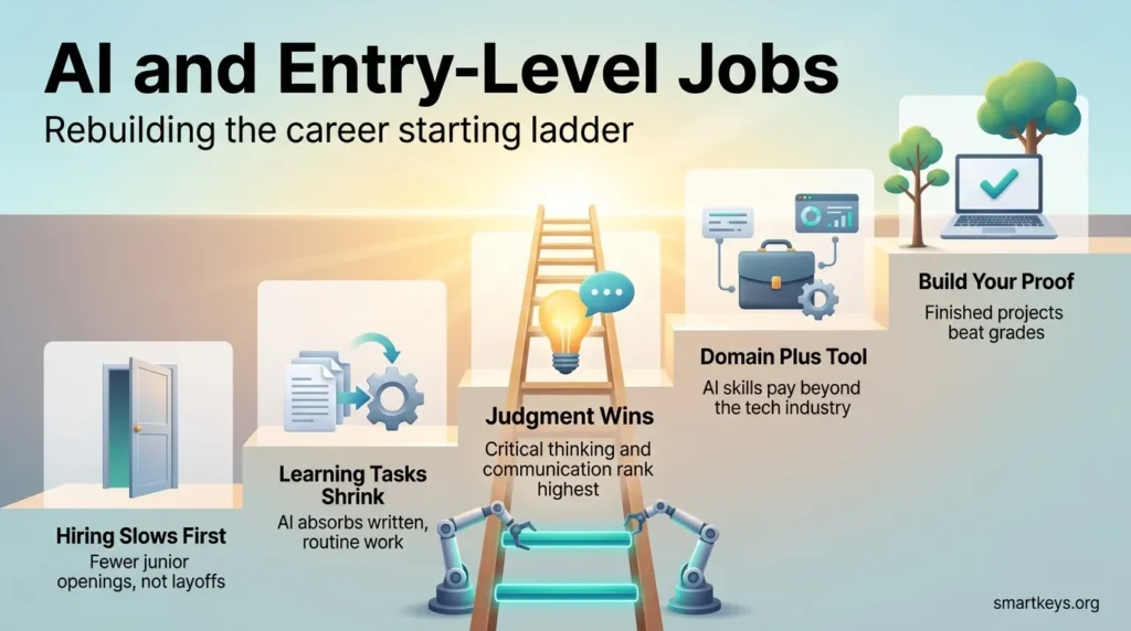 Infographic on AI and entry-level jobs: robotic arms rebuild a career ladder beside five steps, from slower junior hiring to building proof of ability.