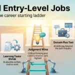 Infographic on AI and entry-level jobs: robotic arms rebuild a career ladder beside five steps, from slower junior hiring to building proof of ability.