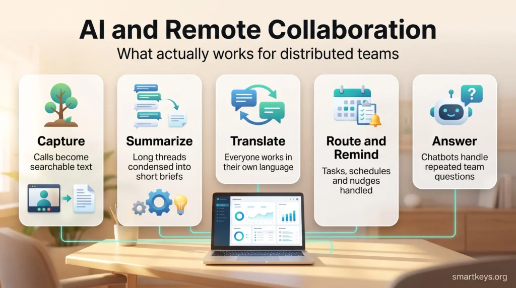AI remote collaboration infographic showing five jobs AI handles for distributed teams: capture, summarize, translate, route and remind, and answer.