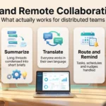 AI remote collaboration infographic showing five jobs AI handles for distributed teams: capture, summarize, translate, route and remind, and answer.