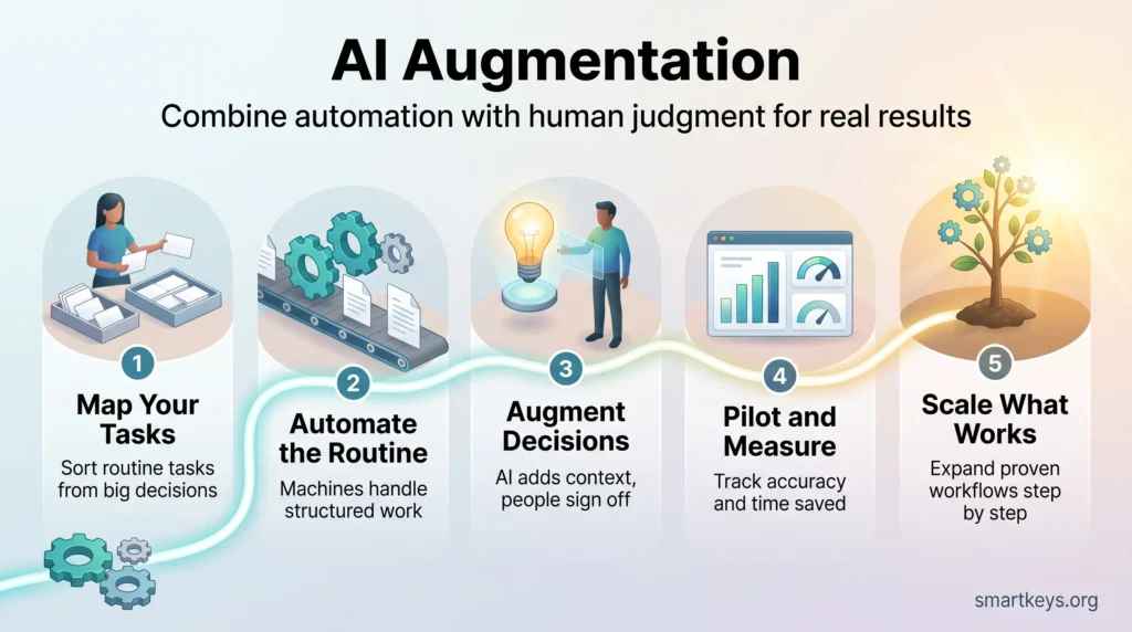 AI augmentation infographic showing five steps: map tasks, automate routine work, augment decisions with AI, pilot and measure, then scale what works.