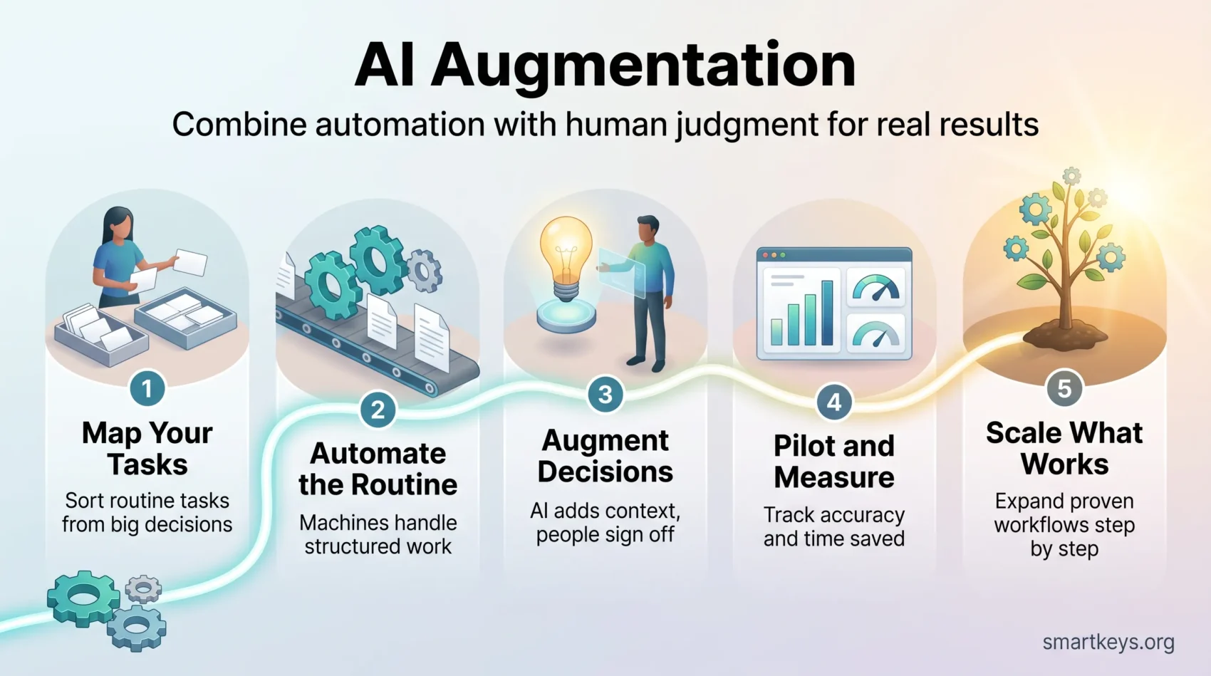 AI augmentation infographic showing five steps: map tasks, automate routine work, augment decisions with AI, pilot and measure, then scale what works.