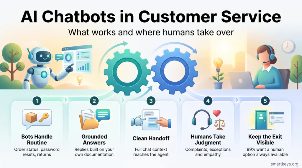 Infographic on AI chatbots in customer service: a robot and a human agent linked by two gears, with five steps from routine requests to a clean handoff.