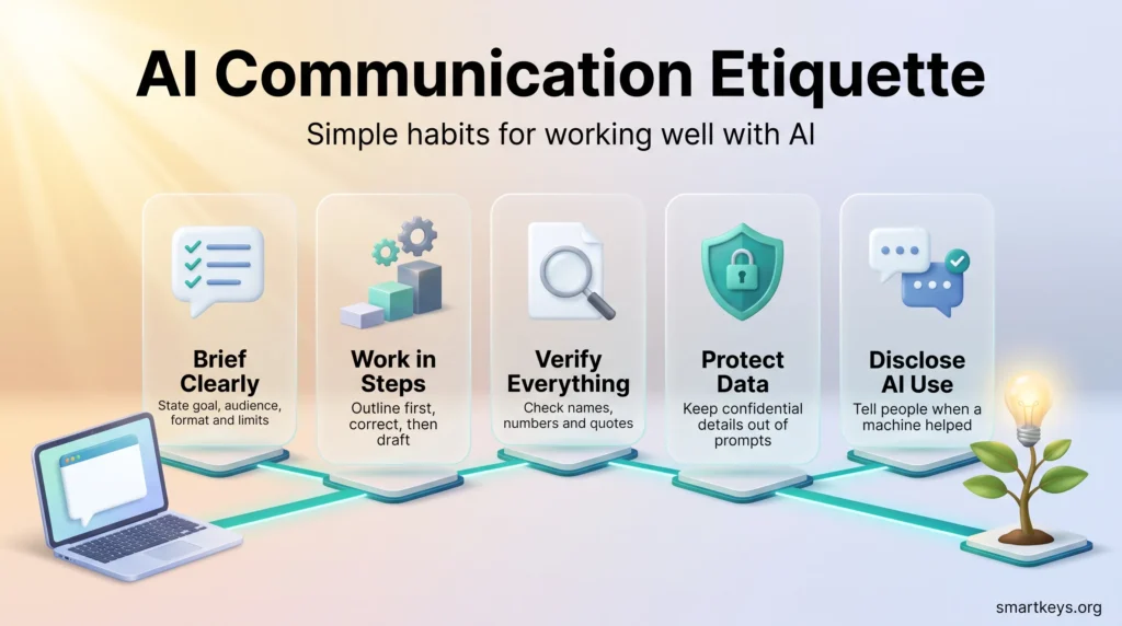 AI communication etiquette infographic showing five habits: brief clearly, work in steps, verify everything, protect data and disclose AI use.