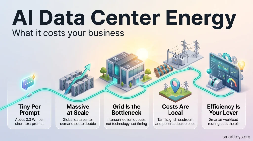 Infographic on AI data center energy showing small per-prompt usage, rising global demand, grid queues, local costs and workload efficiency