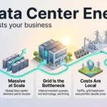 Infographic on AI data center energy showing small per-prompt usage, rising global demand, grid queues, local costs and workload efficiency