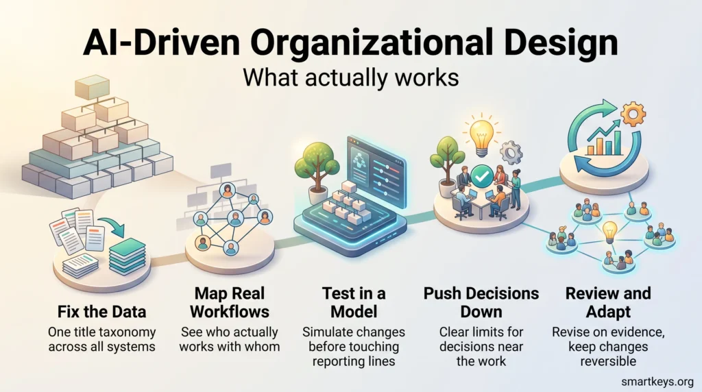 Infographic on AI-driven organizational design: five steps from fixing people data and mapping workflows to testing changes, pushing decisions down and reviewing.