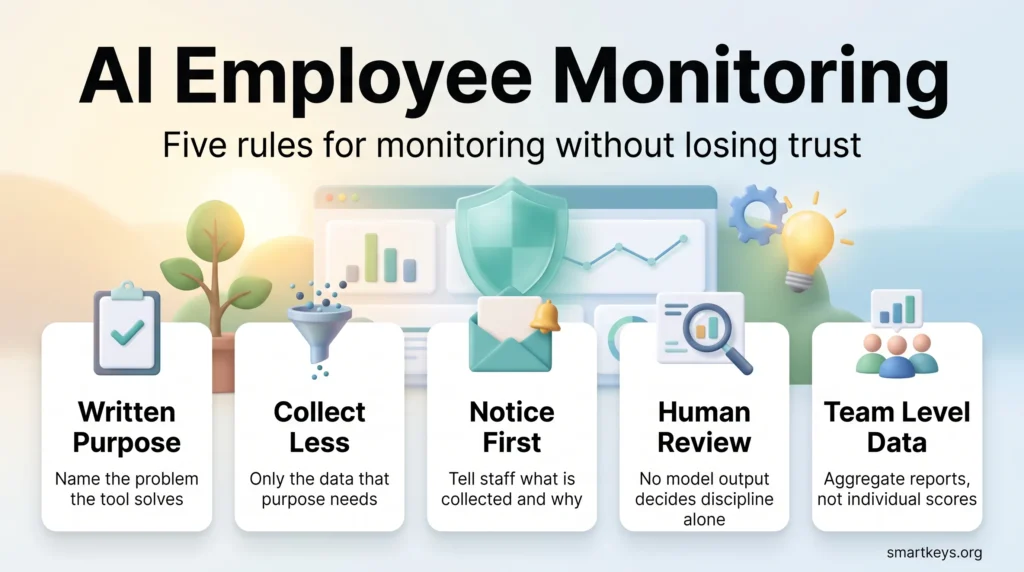 AI employee monitoring infographic showing five rules: written purpose, collect less, notice first, human review and team level data.