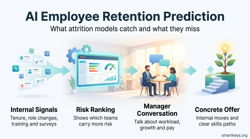 Infographic on AI employee retention prediction: internal signals feed a risk ranking, followed by a manager conversation and a concrete offer