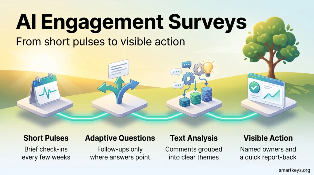 Infographic on AI engagement surveys: short pulses, adaptive questions, text analysis of comments and visible action, shown as a path toward a growing tree.
