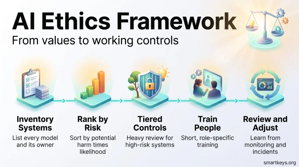 Infographic of an AI ethics framework roadmap in five steps: inventory systems, rank by risk, apply tiered controls, train people, and review and adjust.