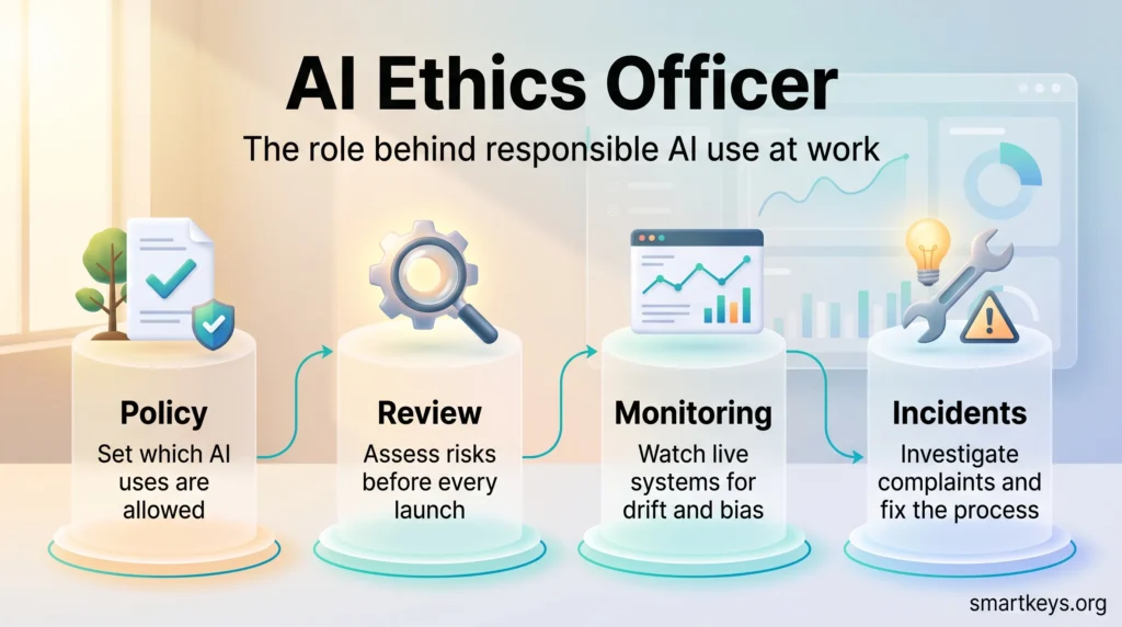 AI ethics officer infographic showing the four core duties: setting AI policy, reviewing risks before launch, monitoring live systems and handling incidents.