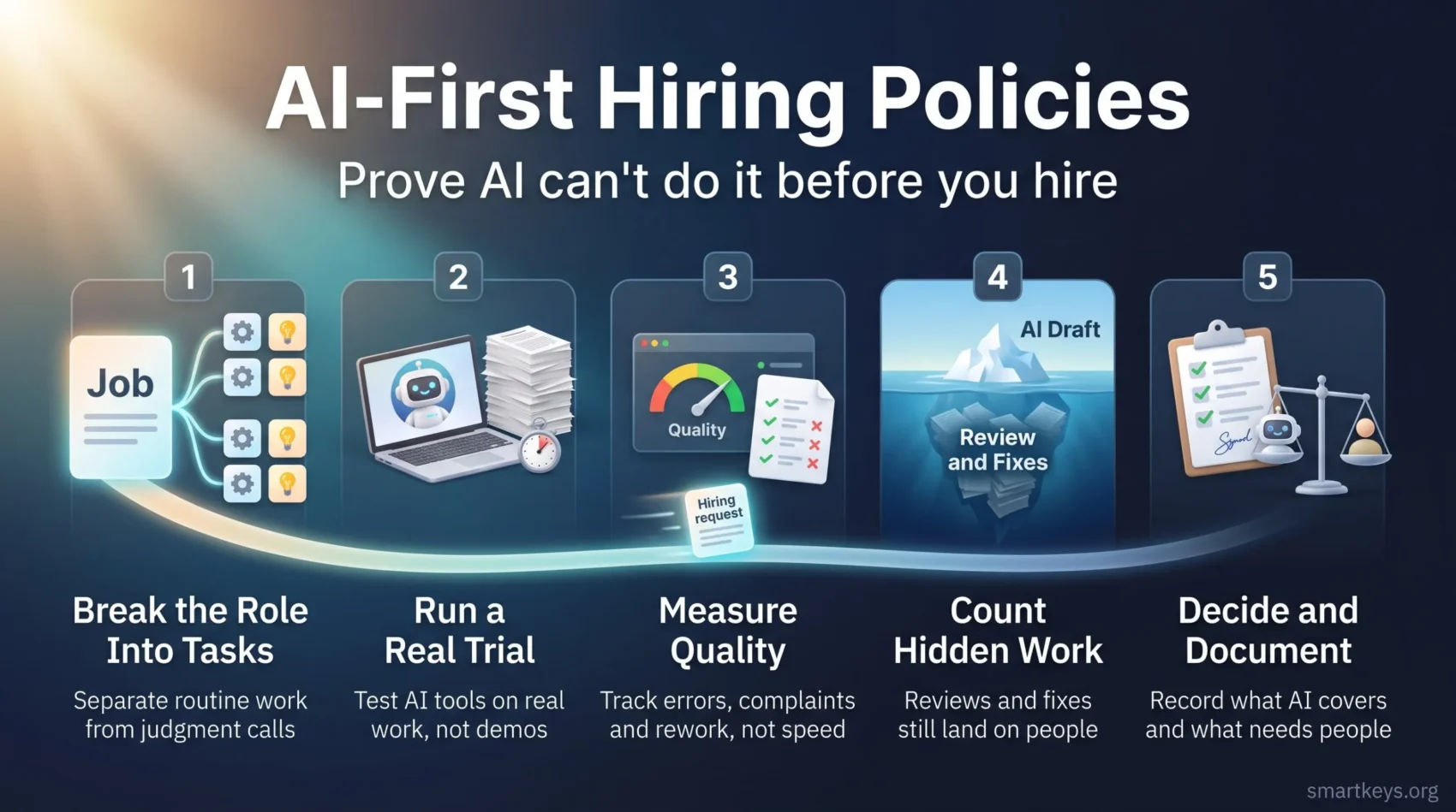 Infographic on AI-first hiring policies showing five steps to test whether AI can do a role before a new hire is approved.