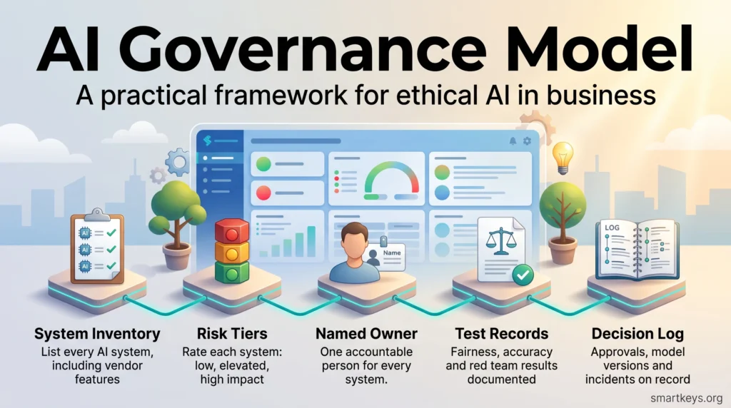 Infographic of an AI governance model with five connected building blocks: system inventory, risk tiers, named owner, test records and decision log.