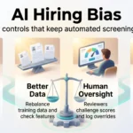 AI hiring bias infographic showing four controls for fair automated screening: bias audits, better data, human oversight, and notice and appeal.