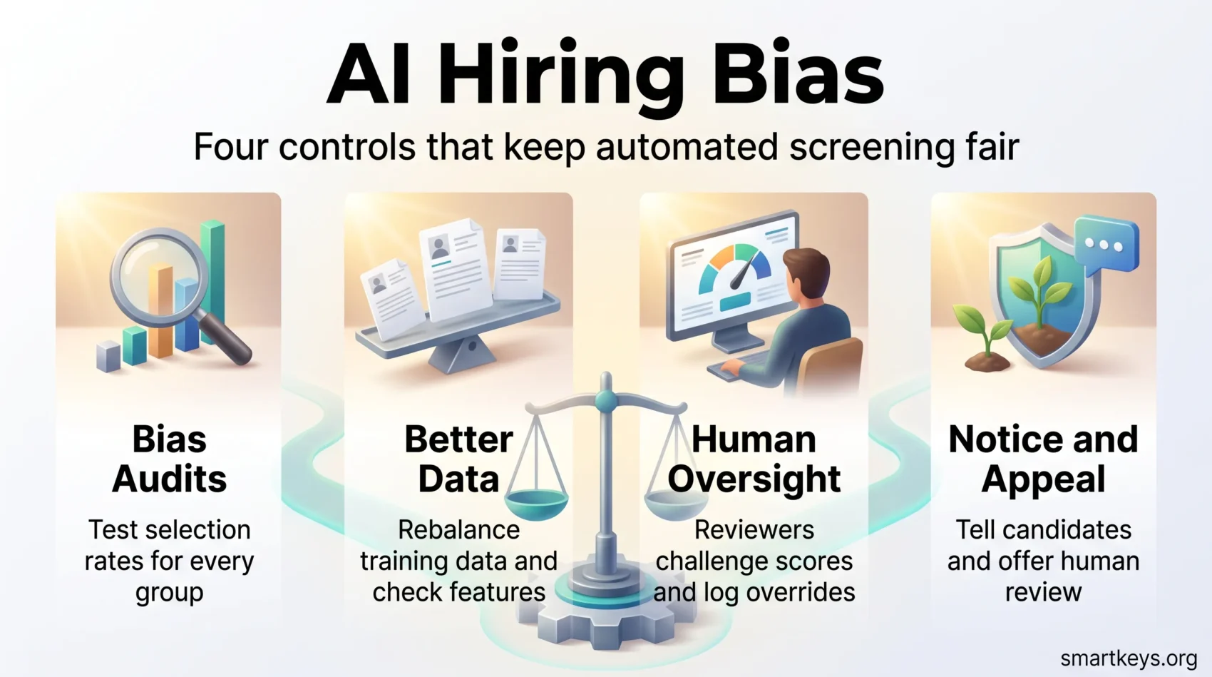 AI hiring bias infographic showing four controls for fair automated screening: bias audits, better data, human oversight, and notice and appeal.