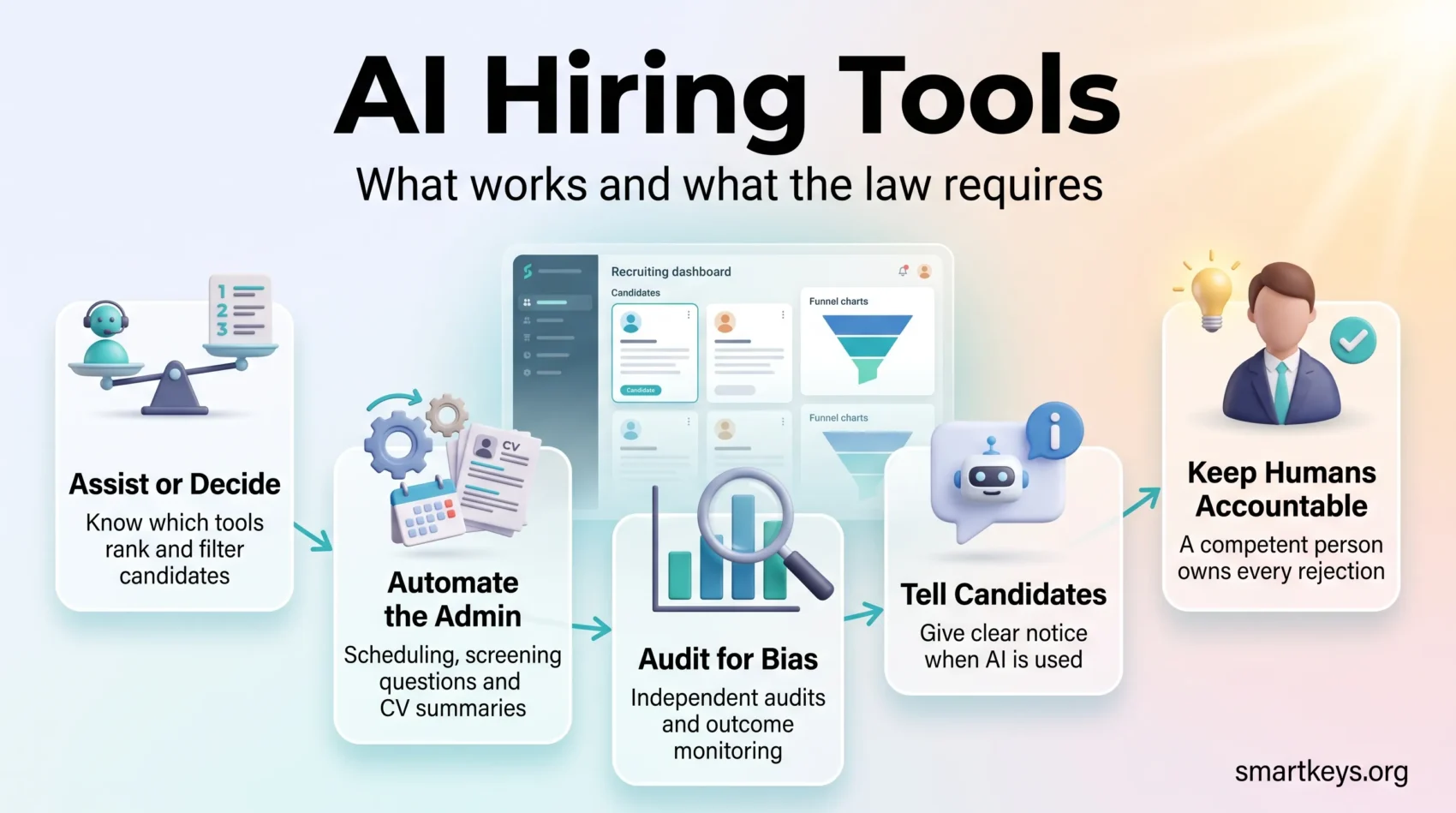 Infographic on AI hiring tools: automating recruiting admin, bias audits, candidate notice and keeping humans accountable for hiring decisions.
