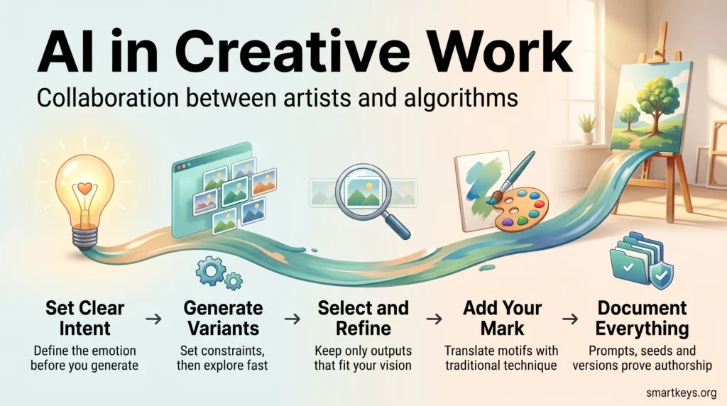 Infographic on AI in creative work showing five steps: set clear intent, generate variants, select and refine, add your mark, and document authorship.