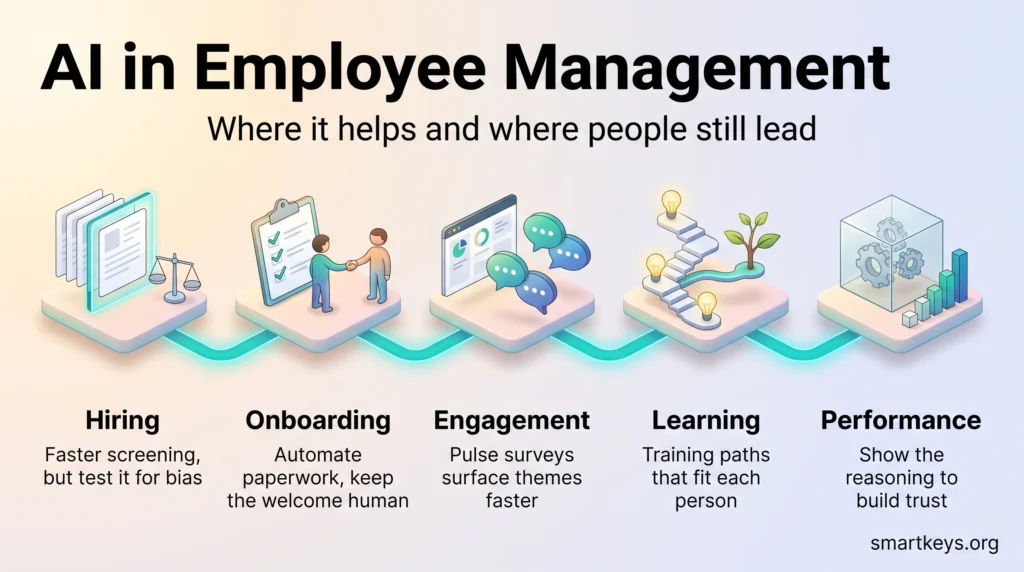 Infographic on AI in employee management: five stages from hiring and onboarding to engagement, learning and performance, showing where AI helps HR.