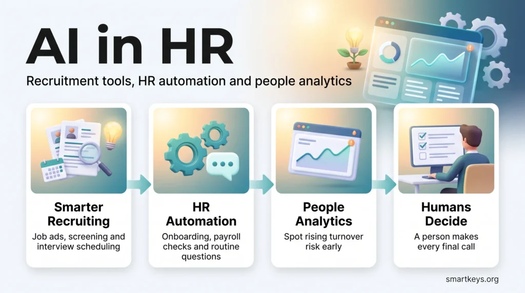 Infographic on AI in HR showing four stages: smarter recruiting, HR automation, people analytics and humans making the final decision.