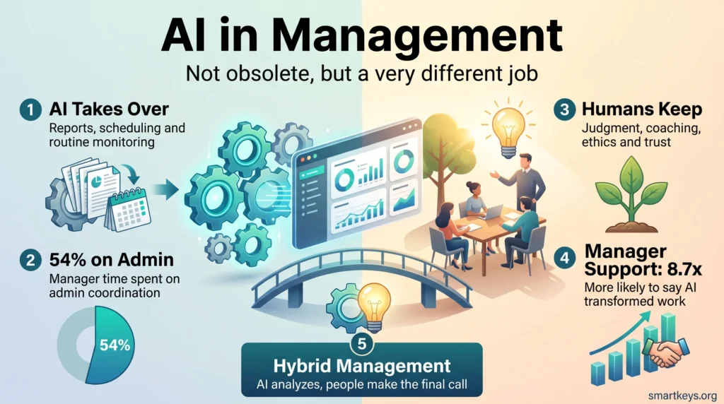 Infographic on AI in management: AI gears handle reports and scheduling, managers coach their team, and a bridge links both in a hybrid model.