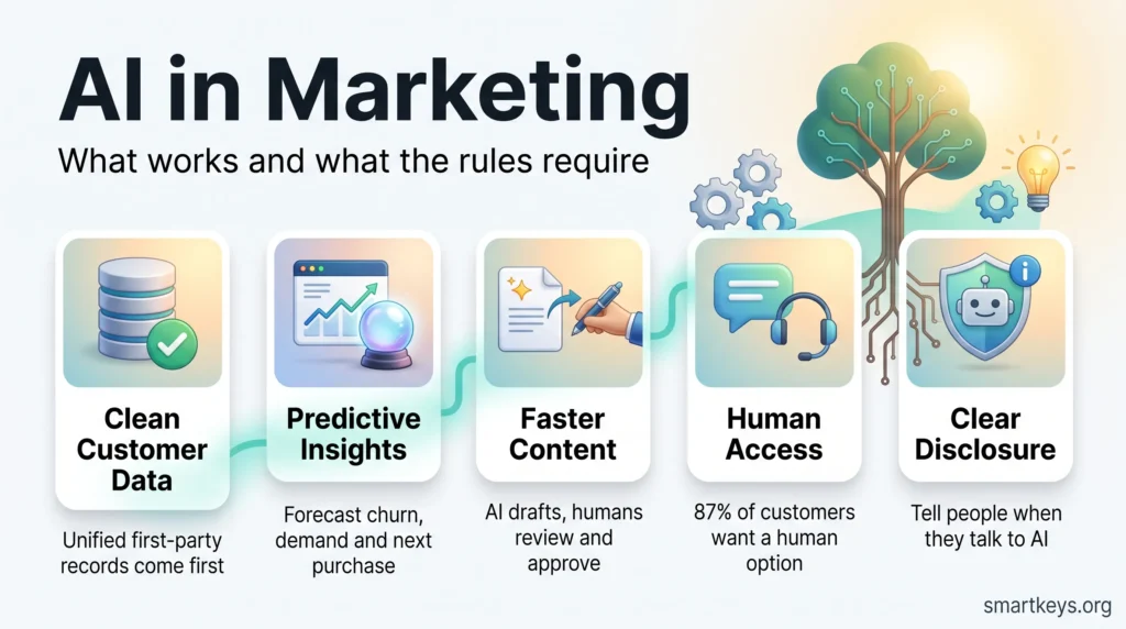 AI in marketing infographic showing five steps: clean customer data, predictive insights, faster content, human access and clear AI disclosure.