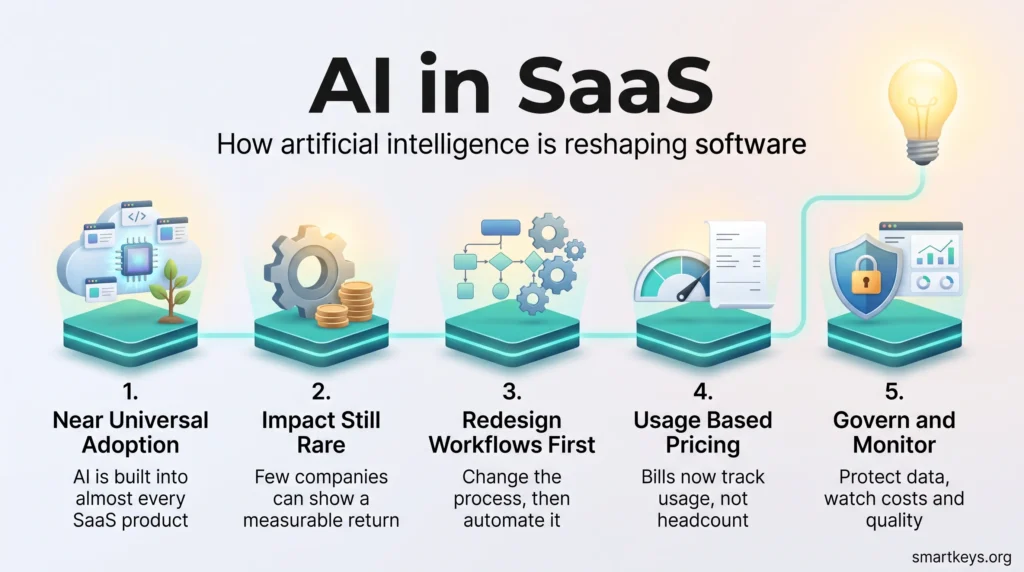 AI in SaaS infographic with five steps: near universal adoption, rare impact, workflow redesign, usage based pricing, and governance with monitoring.